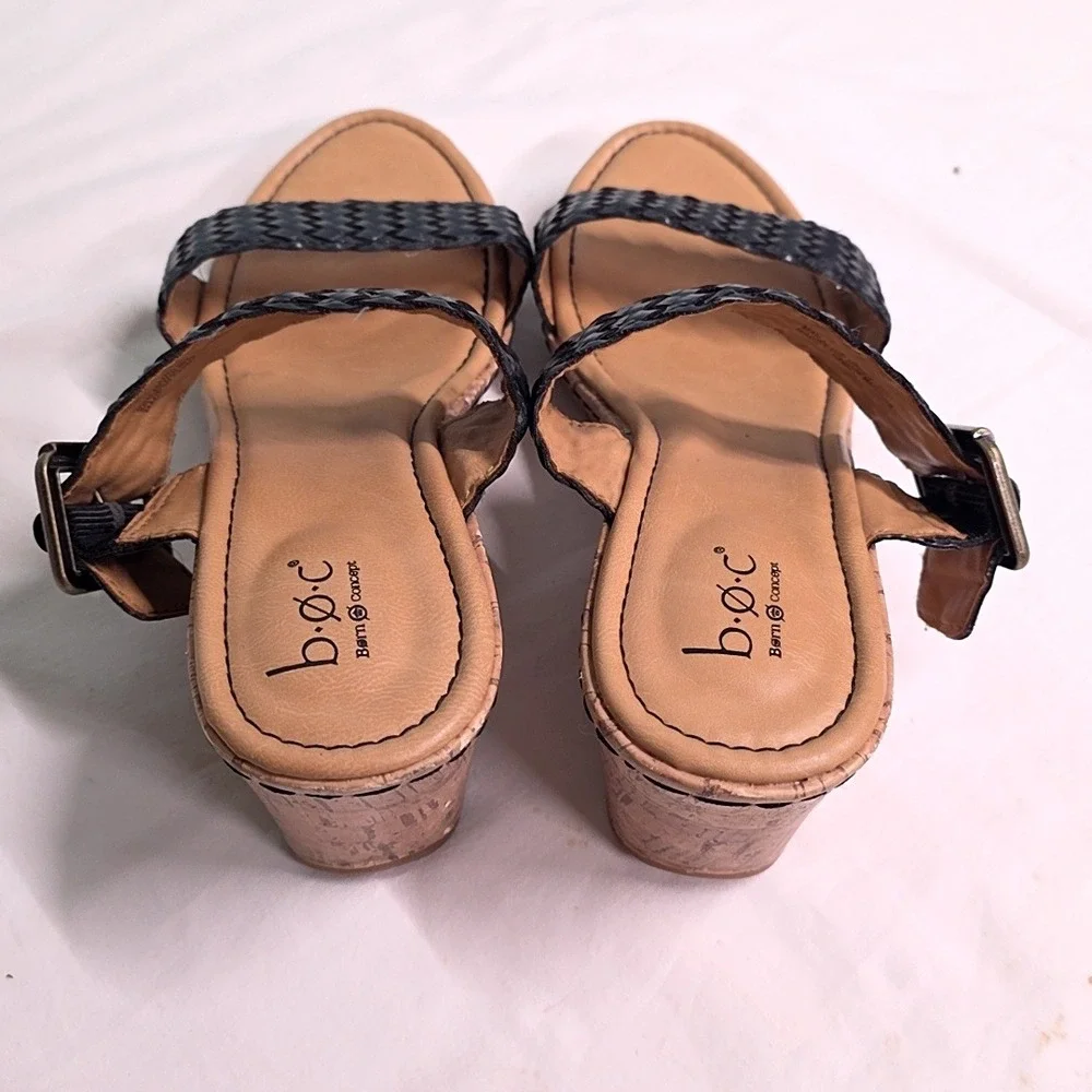 b.o.c. Wedge Sandals Womens 11 Black Woven Strappy Cork Platform Slip On Boho